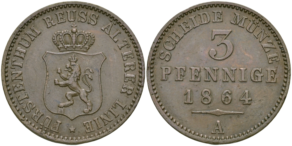 РЕЙС-ШЛАЙЦ 3 ПФЕННИГА 1864 А KM 70 медь 65-732