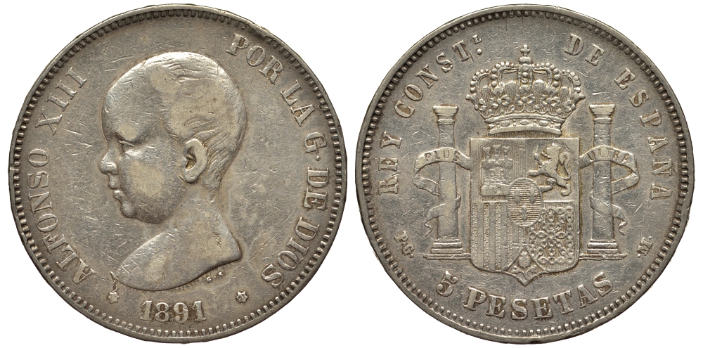 Испания 5 песет 1891 PG-M, Альфонсо XIII (1886-1931) KM 689 серебро 1525-241