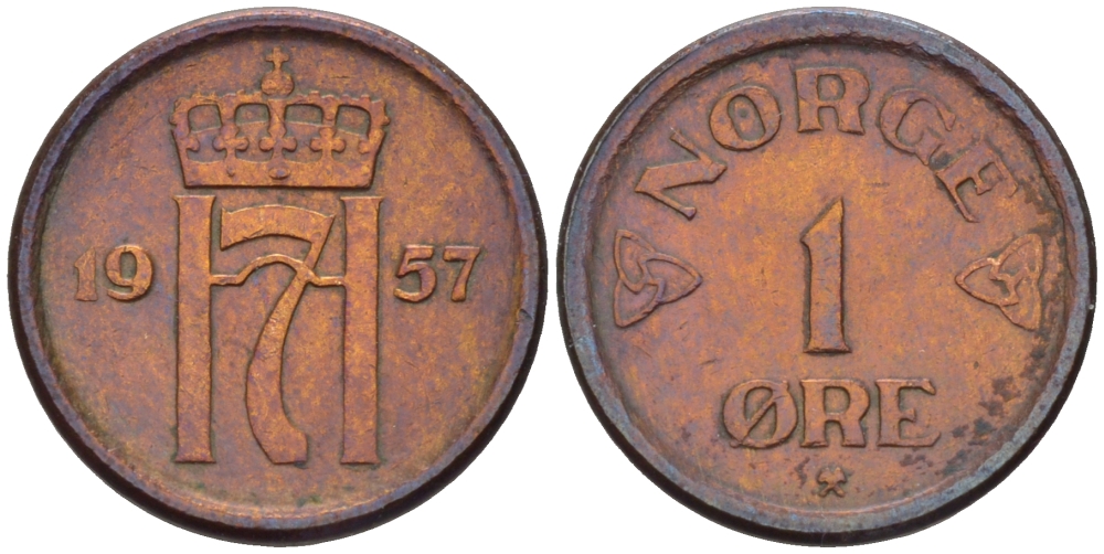 НОРВЕГИЯ 1 ЭРЕ 1957 ХОКОН VII (1905-1957) KM 398 бронза 66-369