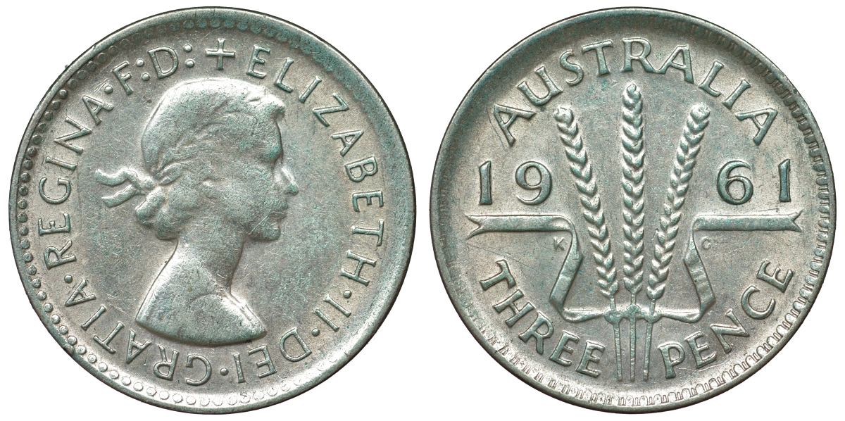 Австралия 3 пенса 1961 m, Елизавета II (1952-2022) KM 57 серебро 71-725