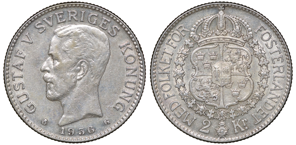 Швеция 2 кроны 1936 G, Густав V (1907-1950) KM 787 серебро 4178-1331