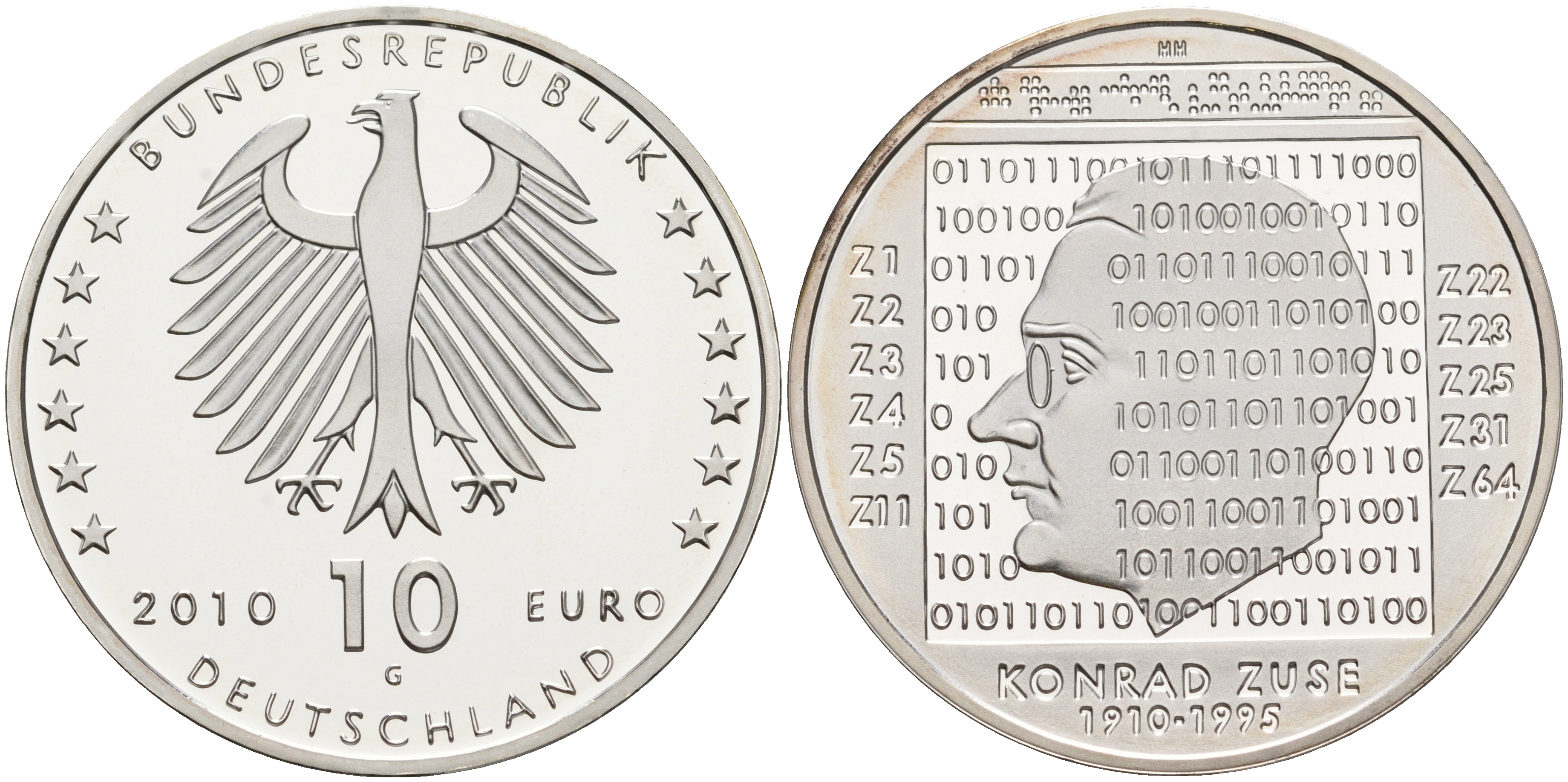 ФРГ 10 евро 2010 G, 100 лет со дня рождения Конрада Цузе KM 289, DE.S. 10.46 серебро PROOF 1076-4-33