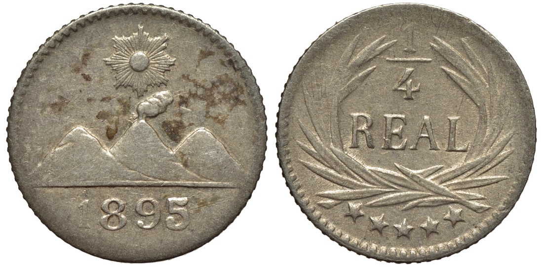 Гватемала 1/4 реала 1895 5 звезд, Испанское правление KM 162 серебро 4549-829
