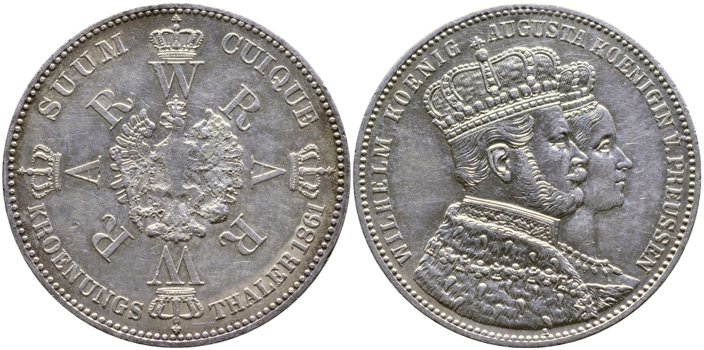 ПРУССИЯ 1 ТАЛЕР 1861 А, НА КОРОНАЦИЮ ВИЛЬГЕЛЬМА I И АВГУСТЫ (1861-1888) KM 488 серебро 58-1046