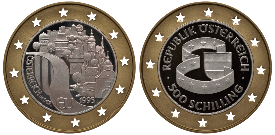 Австрия 500 шиллингов 1995 вступление Австрии в Евросоюз KM 3023 золото, серебро PROOF 00-000-00