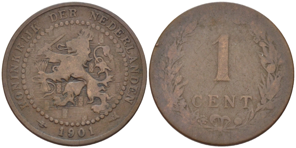 НИДЕРЛАНДЫ 1 ЦЕНТ 1901 ВИЛЬГЕЛЬМИНА (1890-1948), 15 ЩИТОВ KM 130 бронза 100-463