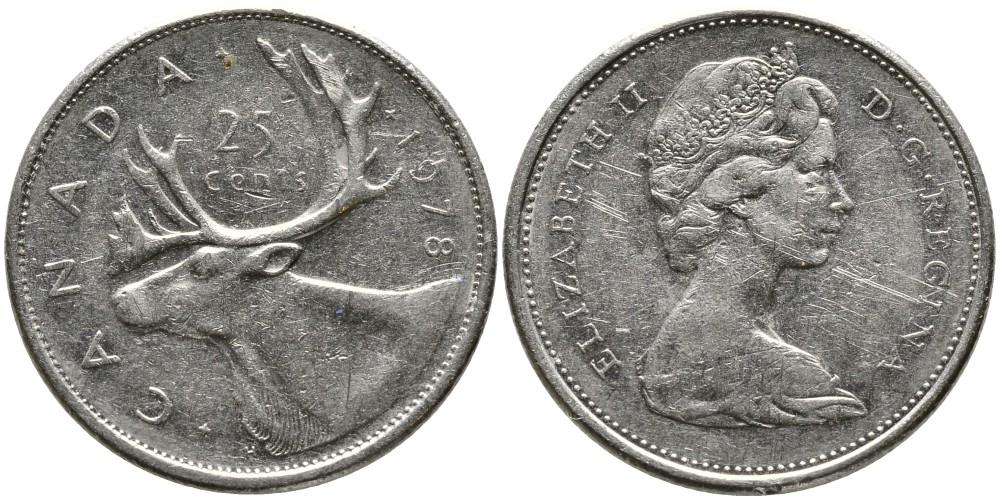 КАНАДА 25 ЦЕНТОВ 1978 ЕЛИЗАВЕТА II (1952-), ОЛЕНЬ, ВТОРОЙ ПОРТРЕТ В КОРОНЕ KM 62b никель 4543-741