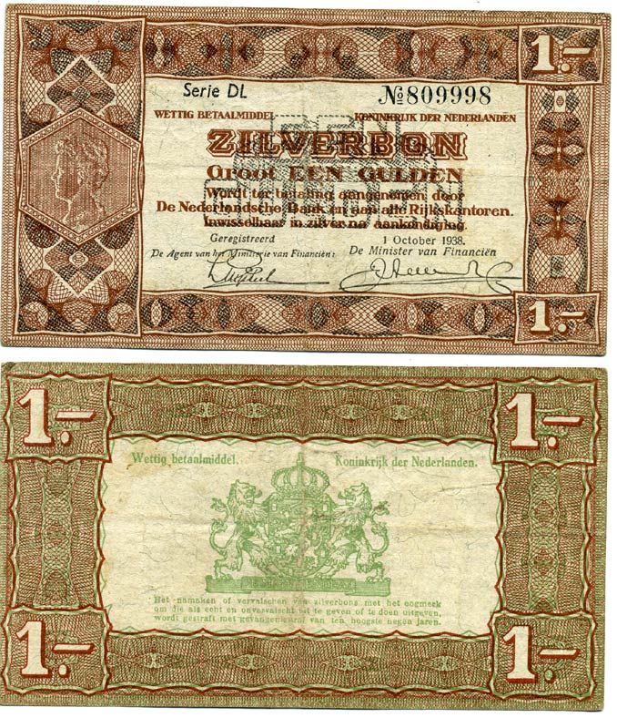 Нидерланды 1 гульден 1938 серебряный ваучер, в серии 2 буквы, 6 цифр Pick 61, Akkermans 4.1 b  бумага 444-97-1