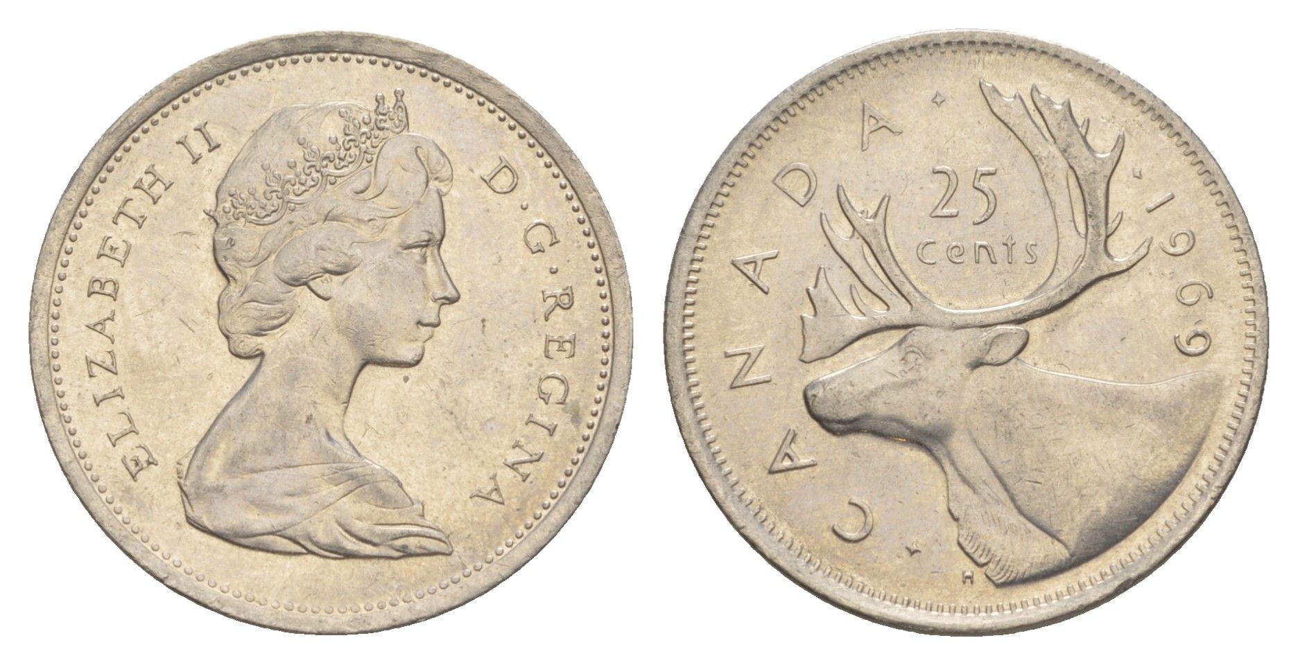 Канада 25 центов 1969 Елизавета II (1952-2022), олень KM 62b никель 4529-452