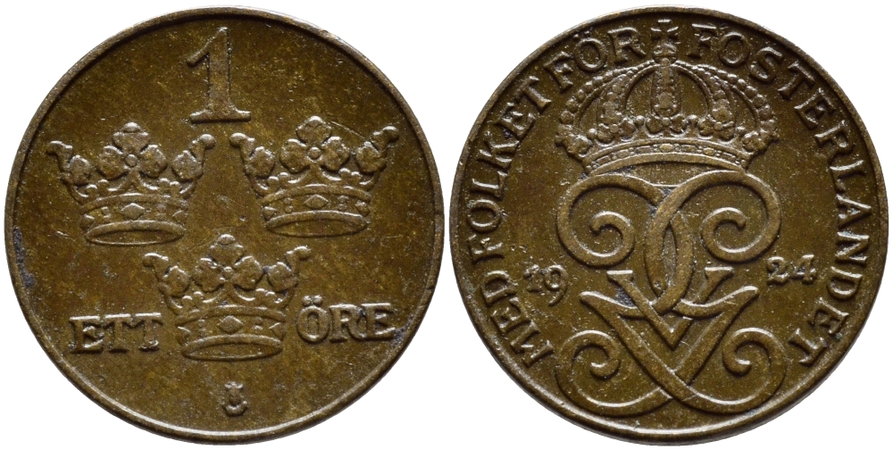 Швеция 1 эре 1924 Густав V (1907-1950) KM 777.2 бронза 4396-164