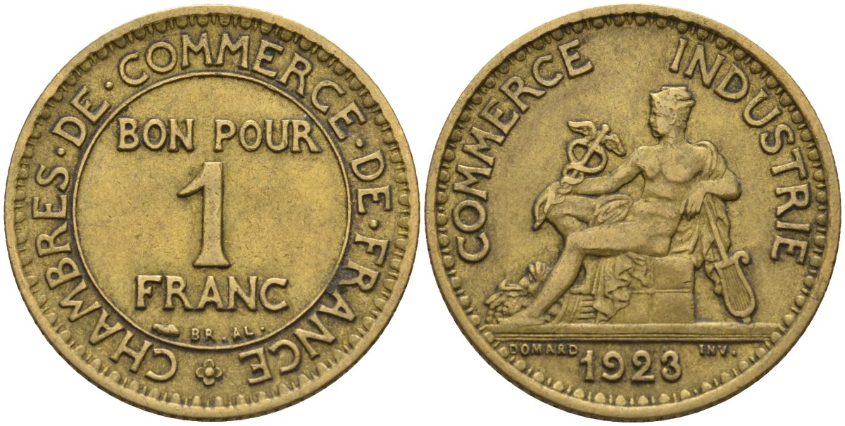Франция 1 франк 1923 KM 876, Le Franc 218.5 алюминиевая бронза 4142-715