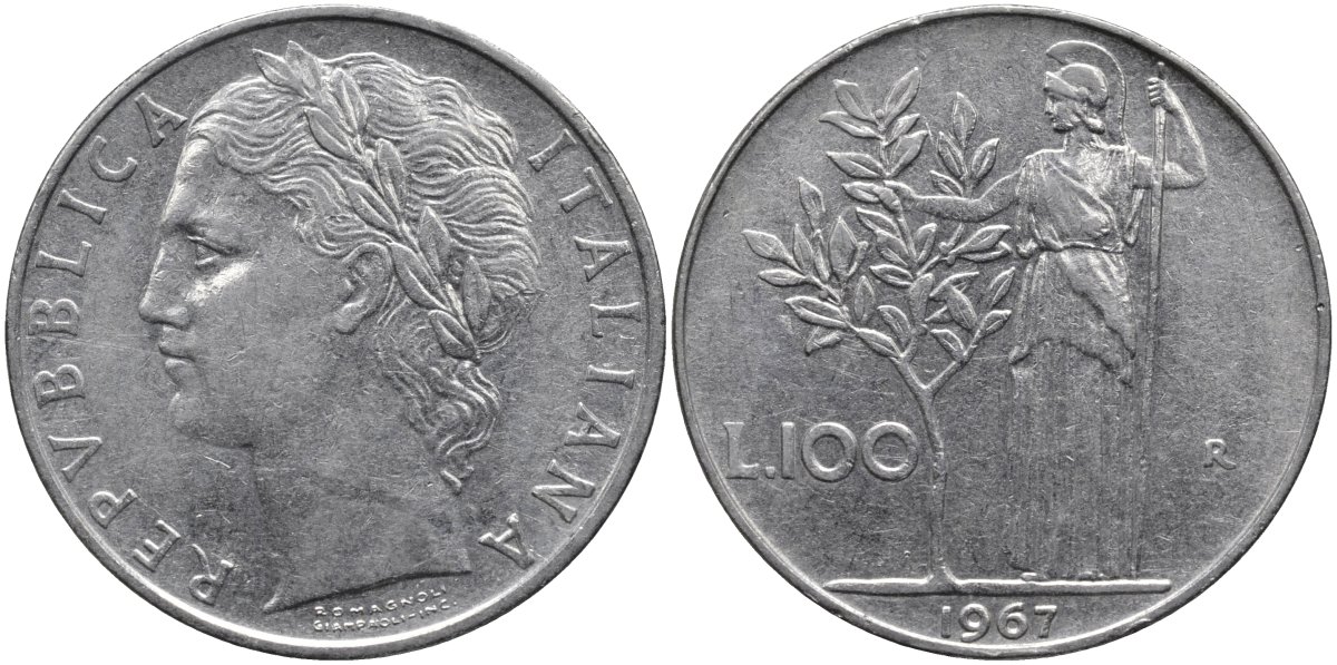 Италия 100 лир 1967 R, Афина в доспехах KM 96.1 нержавеющая сталь 4165-213