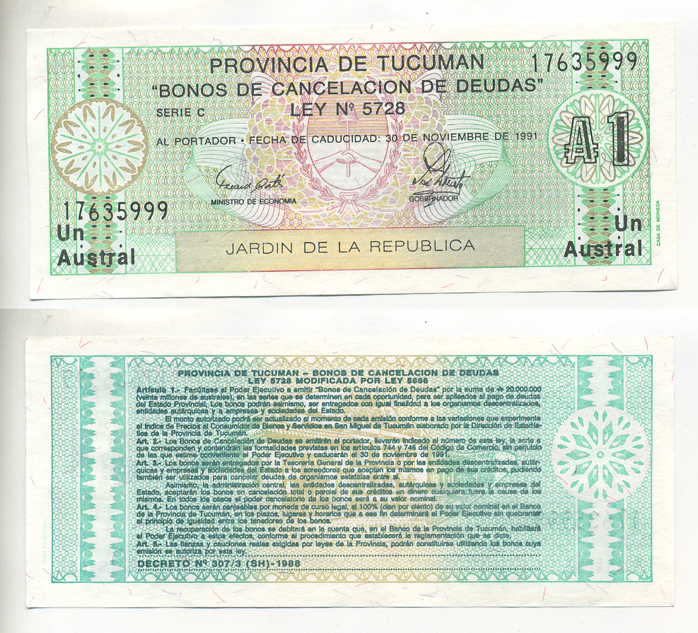 Аргентина, провинция Тукуман 1 аустраль 1991 Pick S 2711b бумага UNC (пресс) 6299-33-1