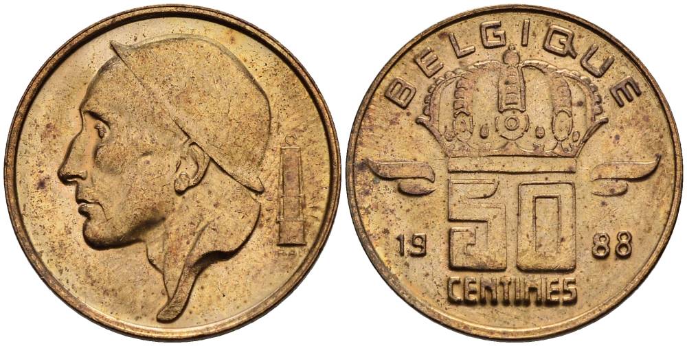 БЕЛЬГИЯ 50 САНТИМОВ 1988 BELGIQUE KM 148.1 бронза 4528-925