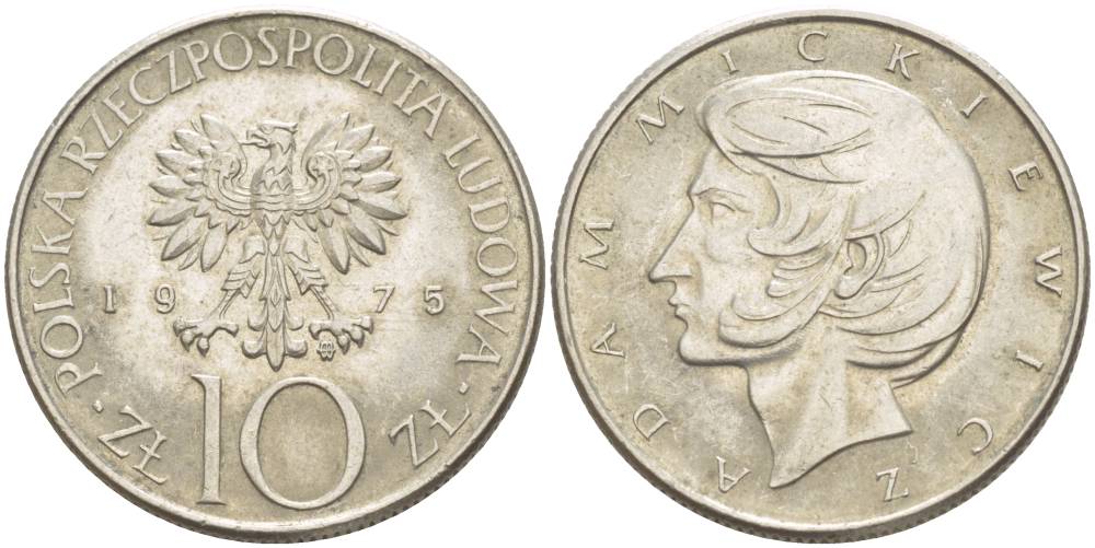 Польша 10 злотых 1975 MW, Адам Мицкевич (1798-1855) KM 74, Parchimowicz 242a медно-никель 4544-612
