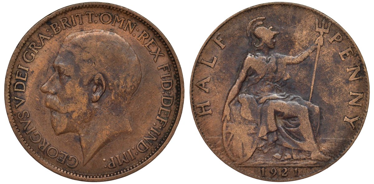 Великобритания 1/2 пенни 1921 Георг V (1910-1936) KM 809, Spink 4056 бронза 4128-847