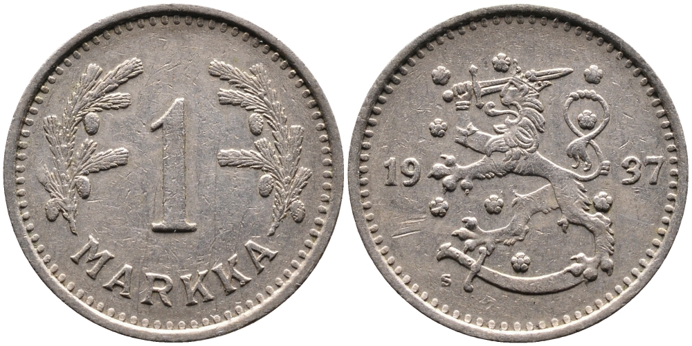 ФИНЛЯНДИЯ 1 МАРКА 1937 S KM 30 медно-никель 4388-951