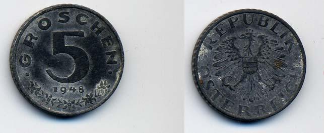 АВСТРИЯ 5 ГРОШЕЙ 1948 KM 2875 цинк 58-537