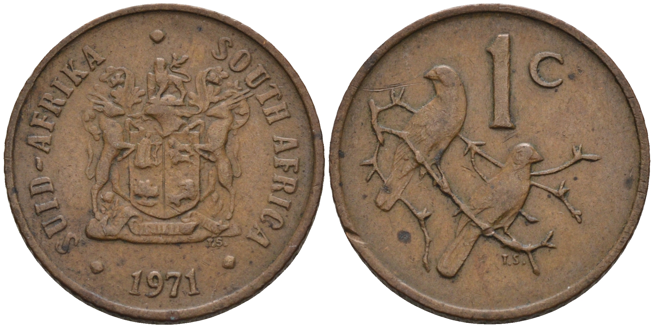 ЮАР 1 цент 1971 герб, капские воробьи KM 82 бронза 4588-1252