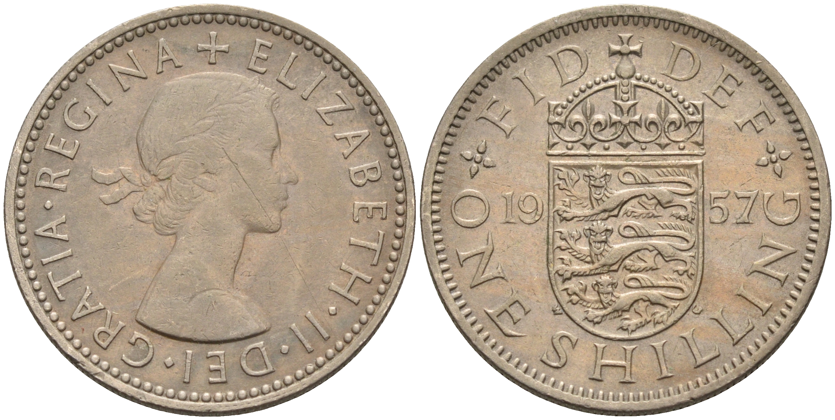 Великобритания 1 шиллинг 1957 Елизавета II (1952-2022), Английский герб KM 904, Spink 4147 медно-никель 4589-1022