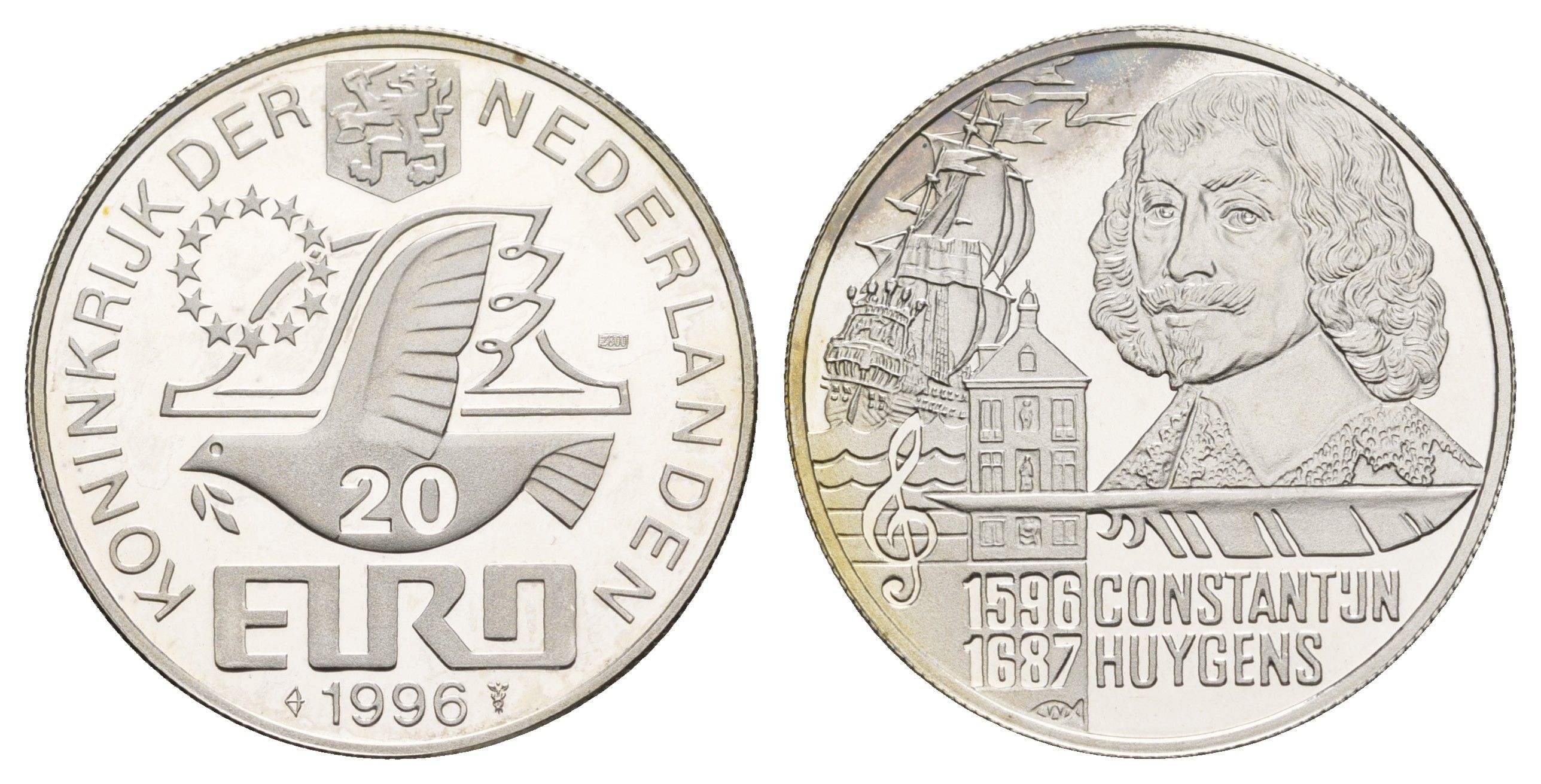 Нидерланды 20 евро 1996 400 лет со дня рождения Константейна Хёйгенса X 128 серебро PROOF 443-1343