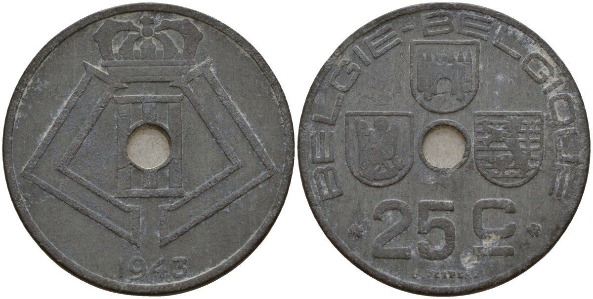 Бельгия 25 сантимов 1943 Belgie - Belgique, Леопольд III (1934-1947), германская оккупация, Вторая мировая война KM 132 цинк 4157-546