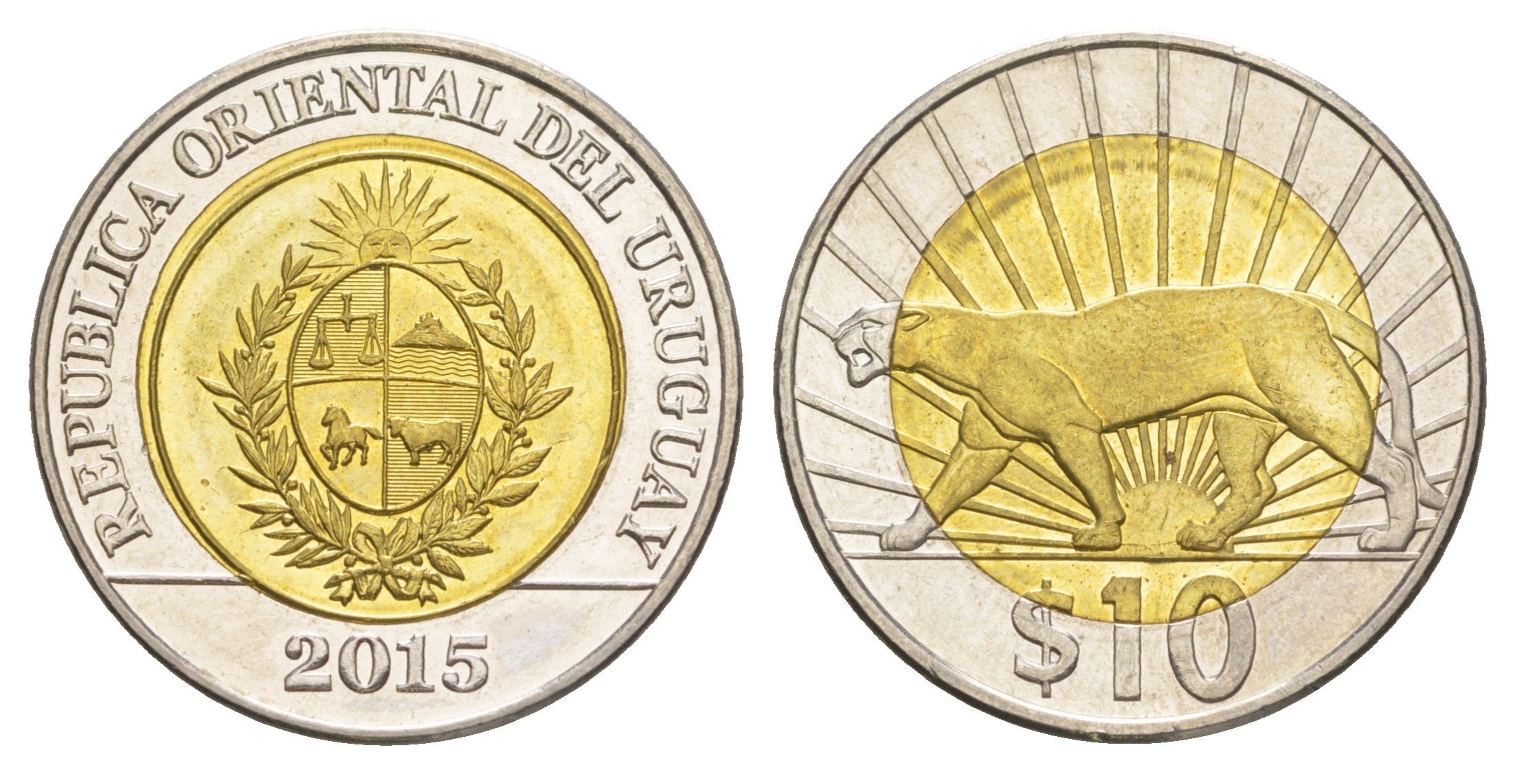 Уругвай 10 песо 2015 KM 134 биметалл UNC 4167-932