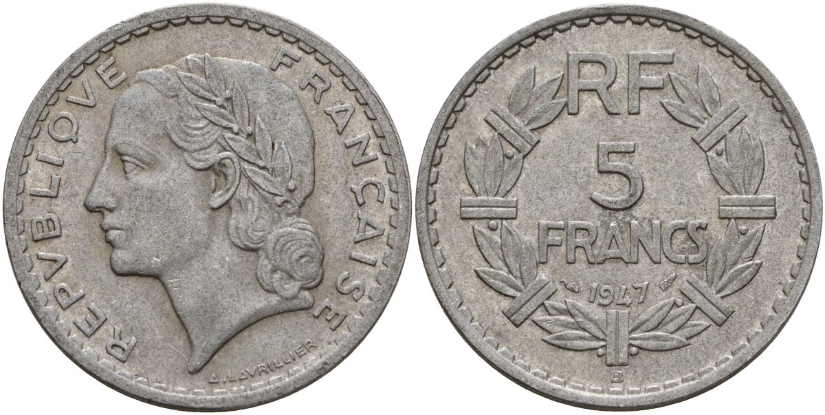 Франция 5 франков 1947 KM 888b алюминий 4157-1116