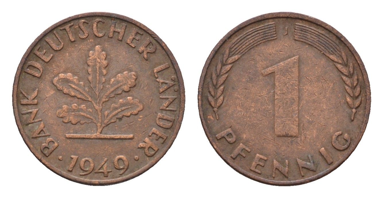 ФРГ 1 пфенниг 1949 J KM A101, J. 376 сталь плакированная медью 4685-354
