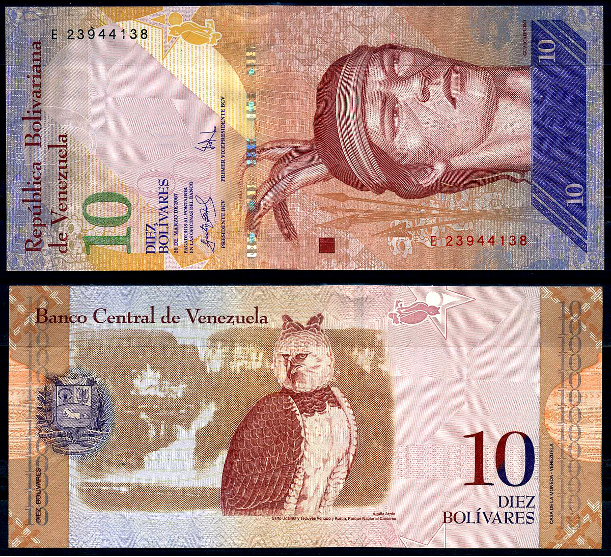 Венесуэла 10 боливаров 2007 Гуаикайпуро, харпи орел Pick 90 a  бумага  UNC (пресс) 00-00