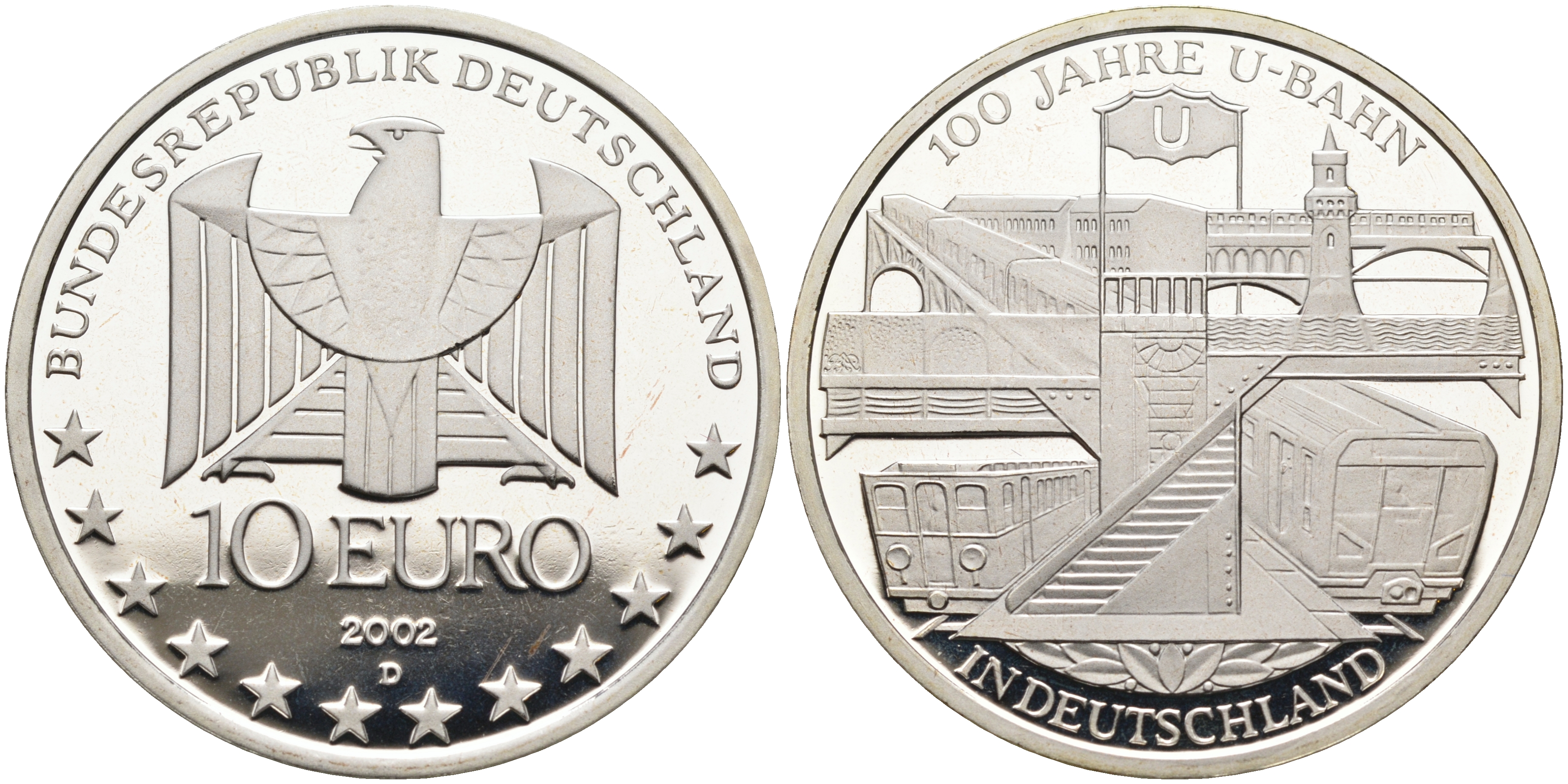 ФРГ 10 евро 2002 D, 100 лет немецкому метро KM 216, DE.S. 10.2 серебро PROOF 02-070-42