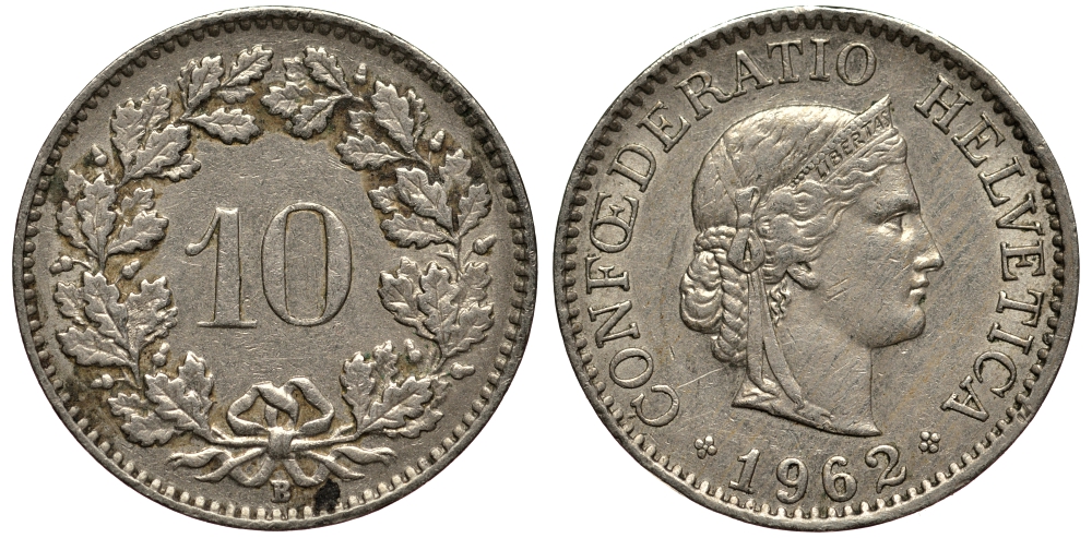 ШВЕЙЦАРИЯ 10 РАППЕНОВ 1962 В KM 27 медно-никель 4181-469