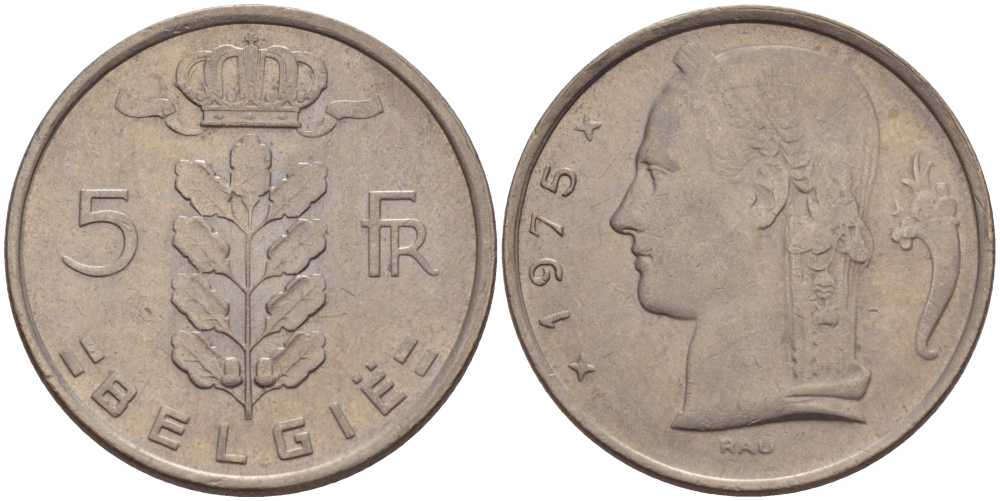 Бельгия 5 франков 1975 Belgie, Бодуэн I (1951-1993) KM 135.1 медно-никель 213-431
