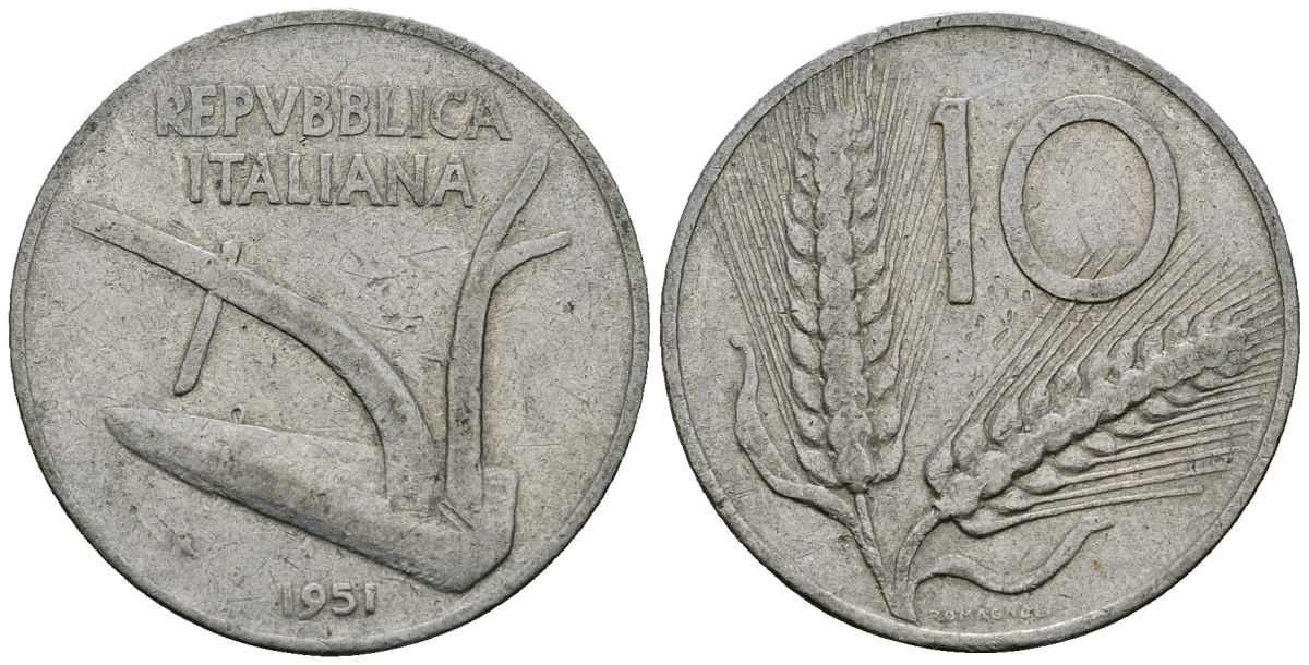 Италия 10 лир 1951 KM 93 алюминий 4521-1223