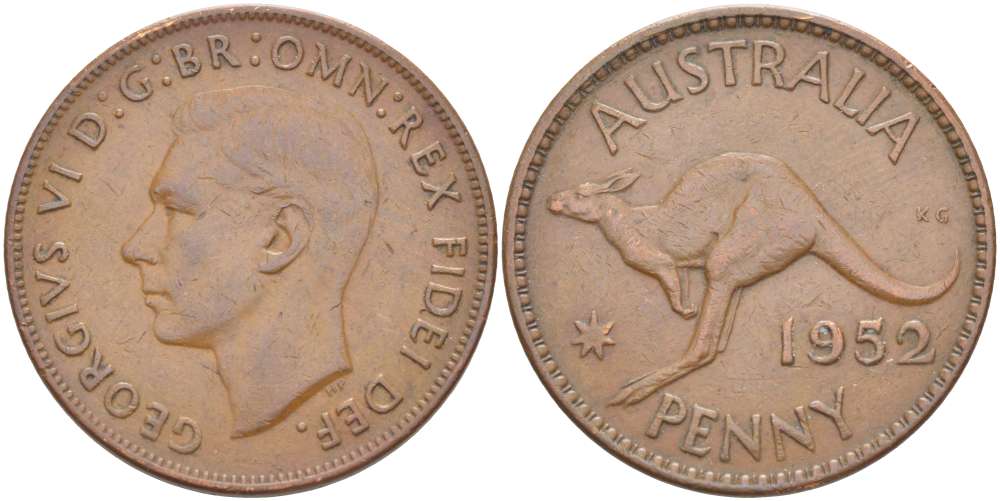 Австралия 1 пенни 1952 m, Георг VI (1937-1952), кенгуру KM 43 бронза 32-113