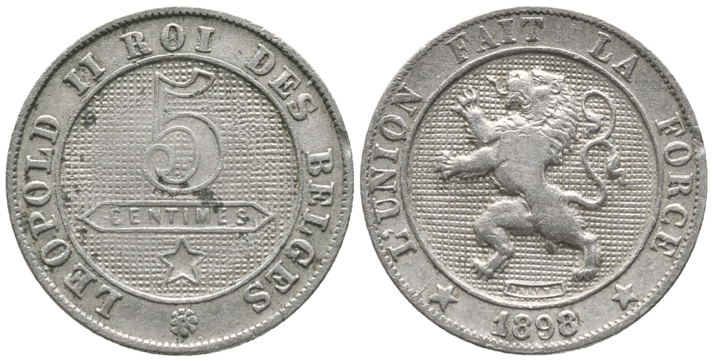 БЕЛЬГИЯ 5 САНТИМОВ 1898 BELGES KM 40.1 медно-никель 100-1113