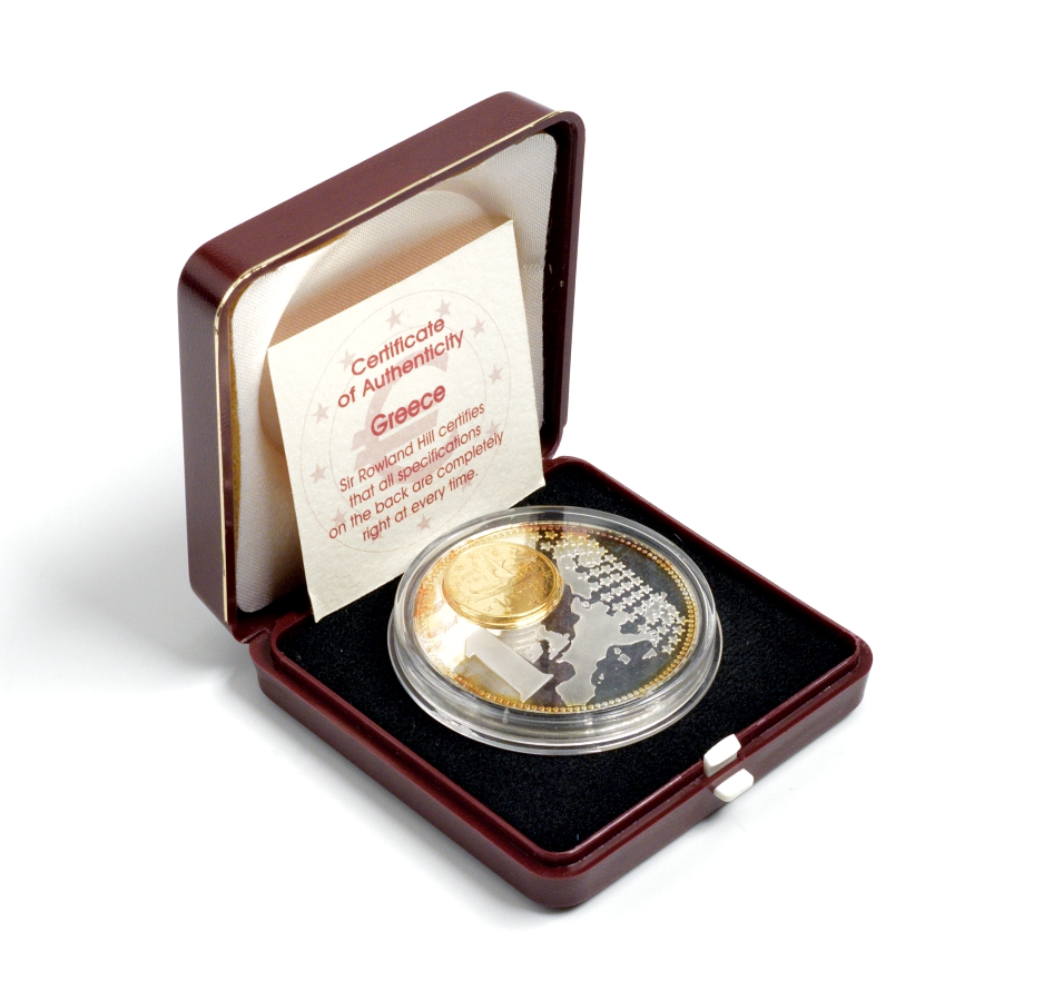 Нидерланды медаль 2002 серия монеты на медалях,страны Евросоюза, Греция 1 лепта 2003, серебрение, диаметр 40 ММ., вес 31 гр., с сертификатом, в коробке медно-никель PROOF 2-1-25
