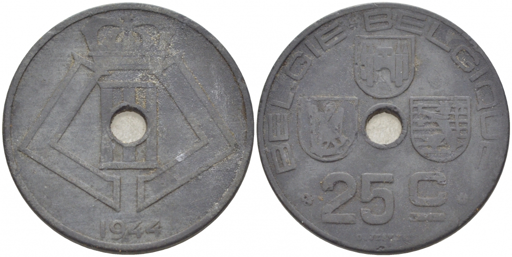 БЕЛЬГИЯ 25 САНТИМОВ 1944 BELGIE-BELGIQUE, ГЕРМАНСКАЯ ОККУПАЦИЯ, ВТОРАЯ МИРОВАЯ ВОЙНА KM 132 цинк 4529-1114