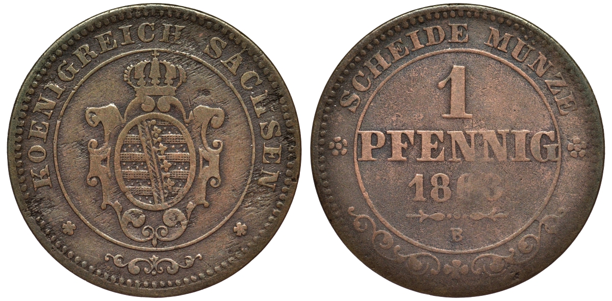 САКСОНИЯ 1 ПФЕННИГ 1863 В, ЙОХАНН (1854-1873) KM 1216 медь 75-1126