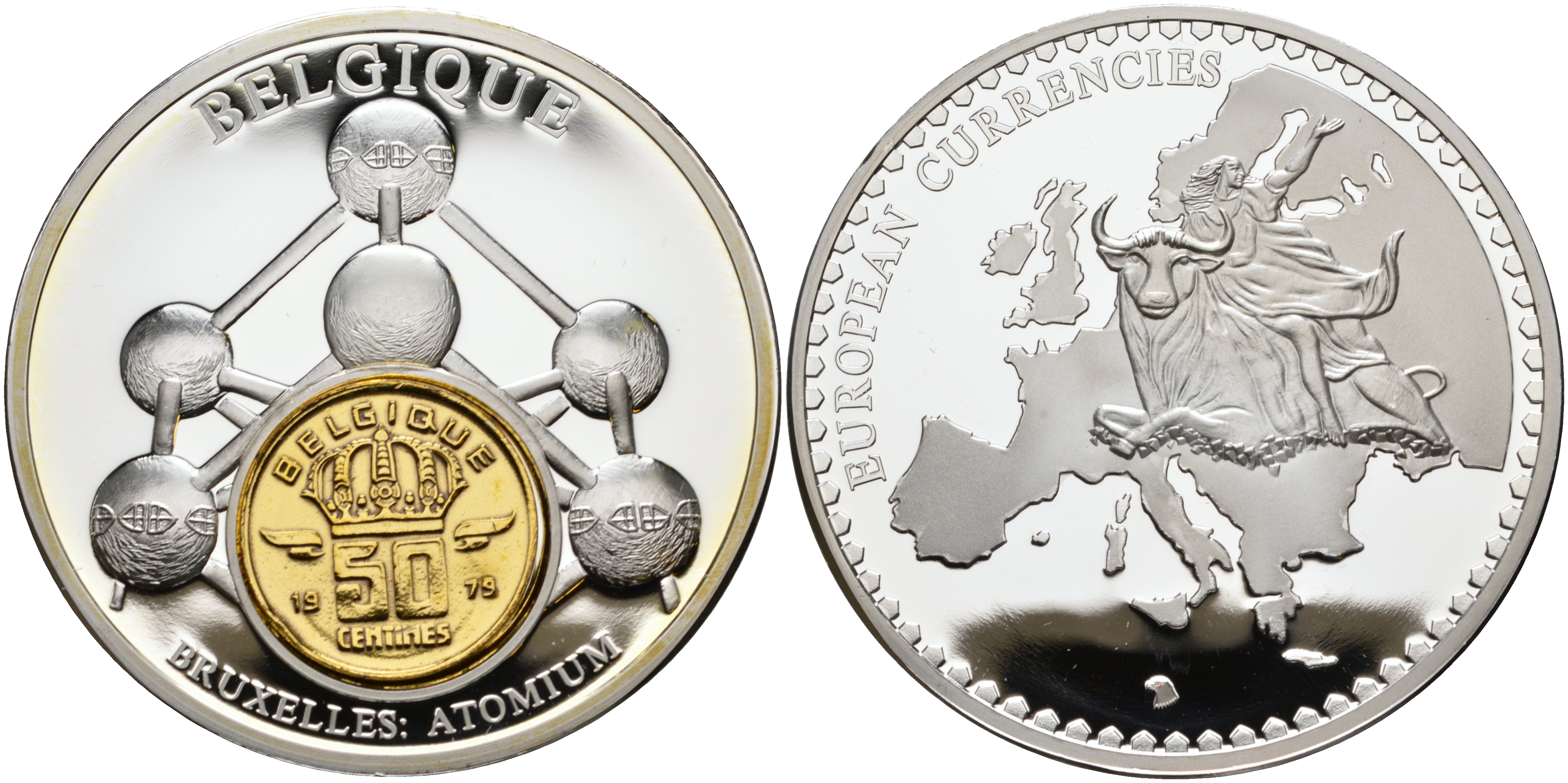 НИДЕРЛАНДЫ МЕДАЛЬ ND МОНЕТА НА МЕДАЛИ, СЕРИЯ ДОЕВРОВЫЕ ЕВРОПЕЙСКИЕ МОНЕТЫ, БЕЛЬГИЯ 50 САНТИМОВ 1979, БЕЛЬГИЯ, БРЮССЕЛЬ АТОМИУМ, ДИАМЕТР 50 ММ. серебрение PROOF 1069-4-22