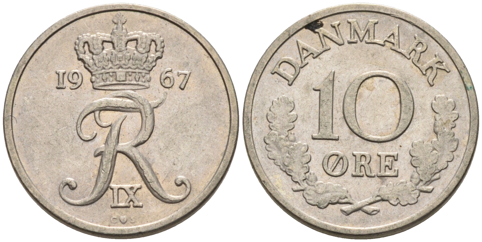 Дания 10 эре 1967 C; S, Фредерик IX (1947-1972) KM 849.1 медно-никель 4564-1225