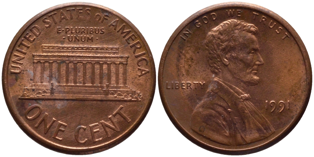 США 1 ЦЕНТ 1991 ЛИНКОЛЬН KM 201b цинк плакированный медью 66-1038