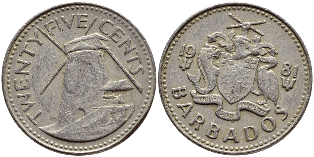 Барбадос 25 центов 1981 ветряная мельница Моргана Льюиса KM 13 медно-никель 4398-414