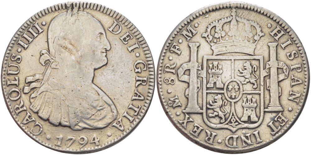 Мексика 8 реалов 1794 FM, монетный двор Mo (Мехико Сити), Карл IV Испанский (1788-1808) KM 109 серебро 650-723
