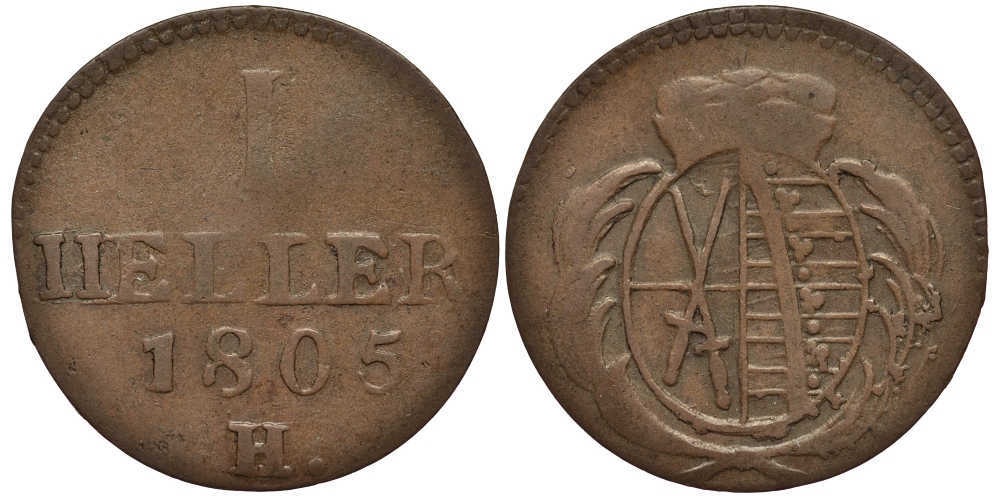 Саксония 1 геллер 1805 Фридрих Август III (1763-1806), из коллекции Gerhart Rother H, KM 1002, Merseb. 2023 медь 413-6525