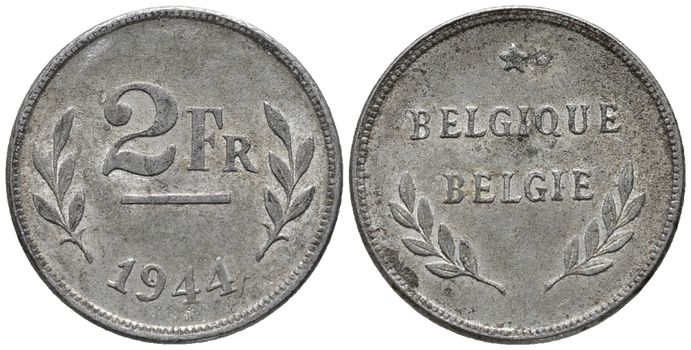 БЕЛЬГИЯ 2 ФРАНКА 1944 KM 133 сталь плакированная цинком 4387-666