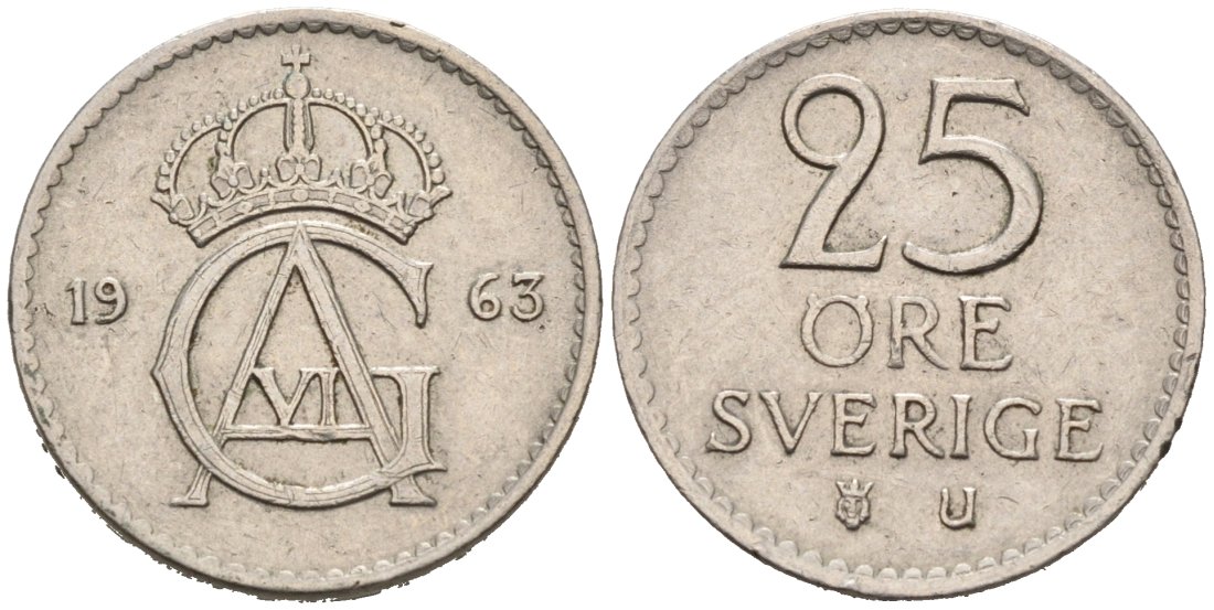 Швеция 25 эре 1963 Густав VI Адольф (1950-1973) KM 836 медно-никель 4564-754