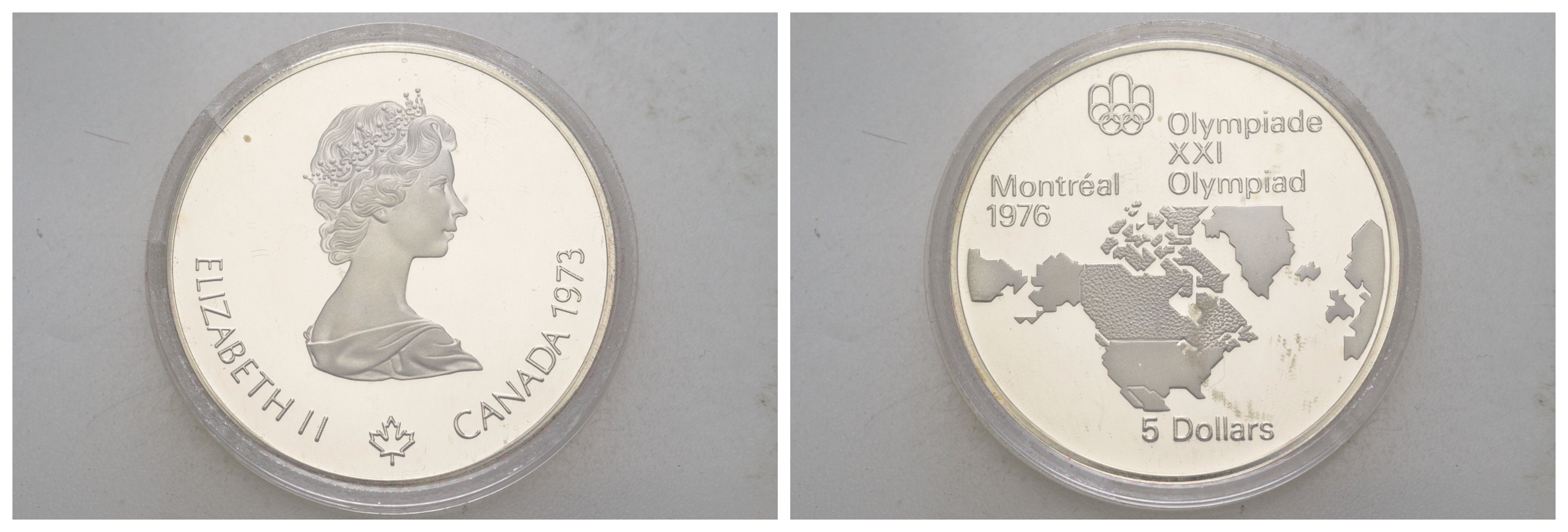 Канада 5 долларов 1973 XXI летние Олимпийские Игры, Монреаль 1976 - Карта Канады KM 85 серебро PROOF 11-269-32
