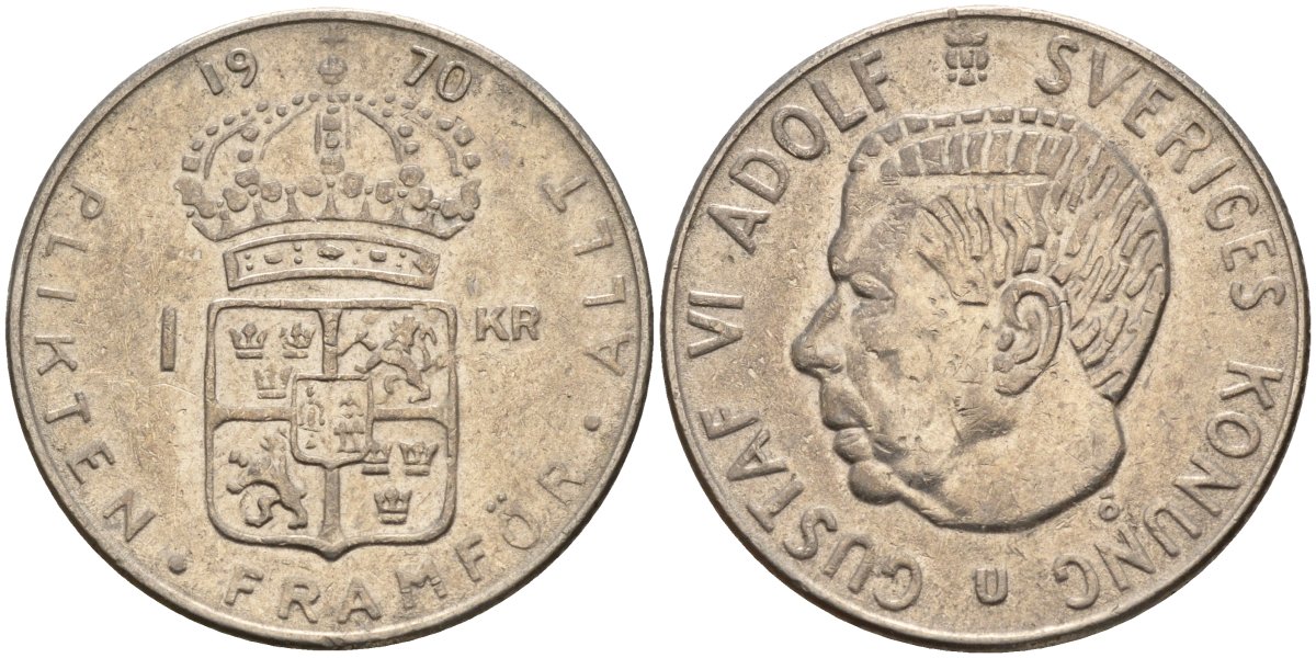 Швеция 1 крона 1970 U, Густав VI Адольф (1950-1973) KM 826a медь плакированный медно-никелем 4150-313