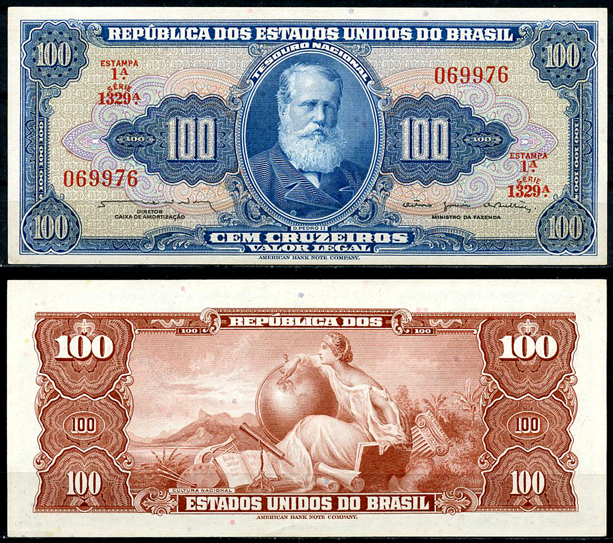Бразилия 100 крузейро ND (1961-1964) Император Педру II, национальная культура, серия 1329 Pick 170 b  бумага  UNC (пресс) 451-433-3